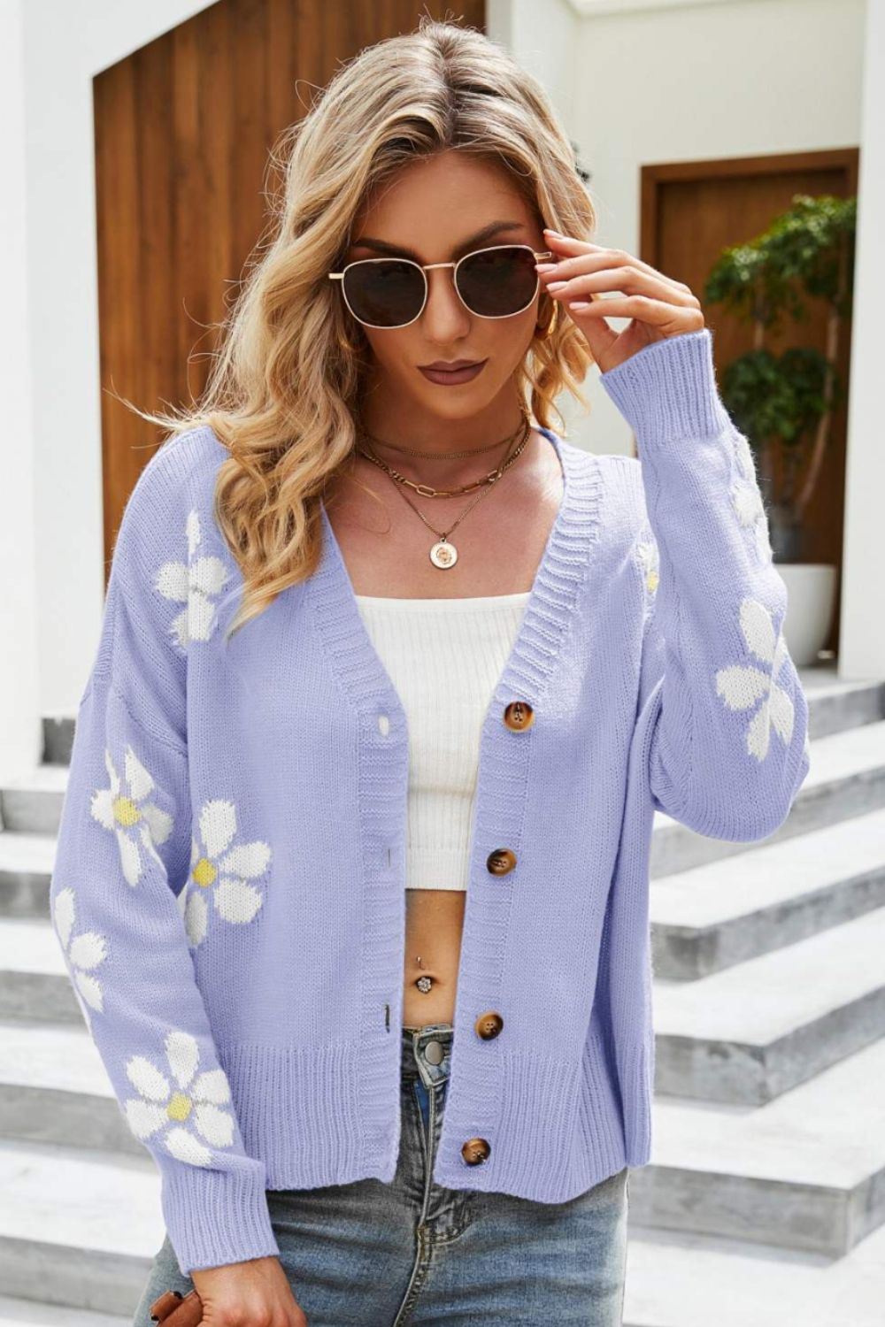 ModeGeist | Floral Ribbed Trim Drop Shoulder Cardigan
