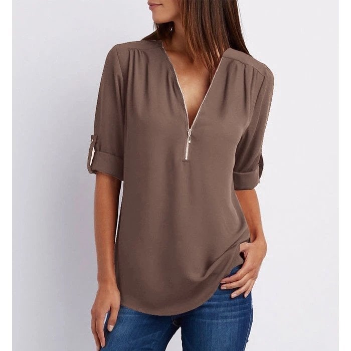 MODEGEIST Damen Bluse V-Ausschnitt Reißverschluss rosa Kurzarm