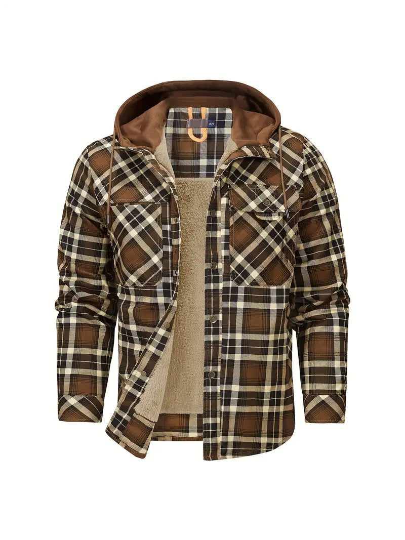 Retro-Karomuster Fleece Kapuzenmantel von Keymirae, warm für Herbst & Winter