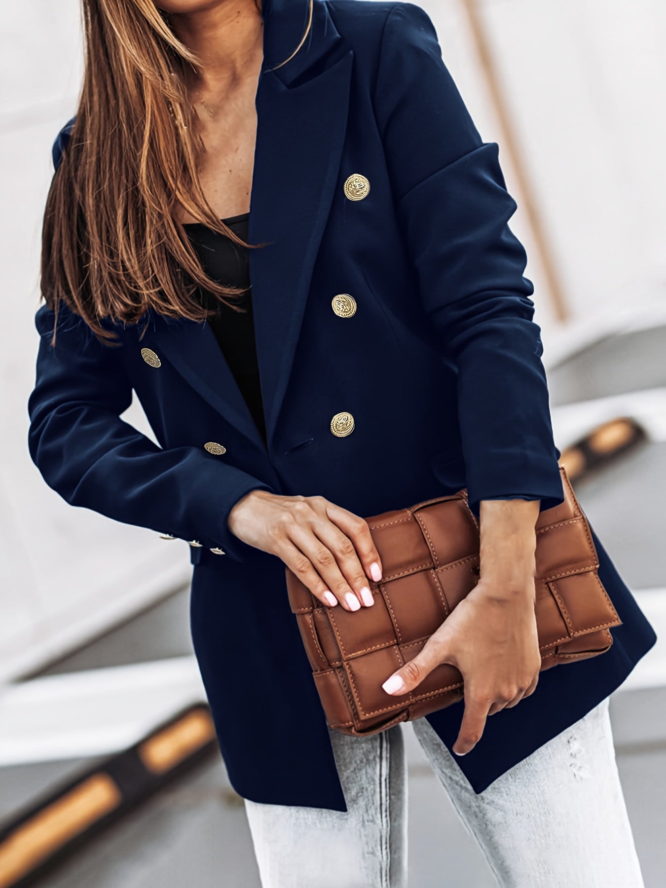 ModeGeist | Lange Elegante Damenblazer Mit Doppelter Knopfleiste