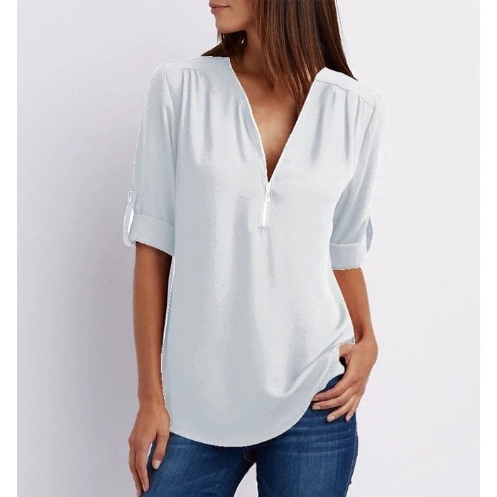 MODEGEIST Damen Bluse V-Ausschnitt Reißverschluss rosa Kurzarm