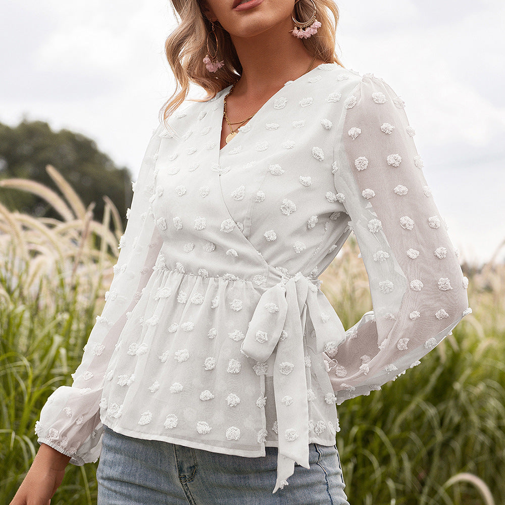 Fudus Jacquard Blouse with V-Neck and Long Sleeves