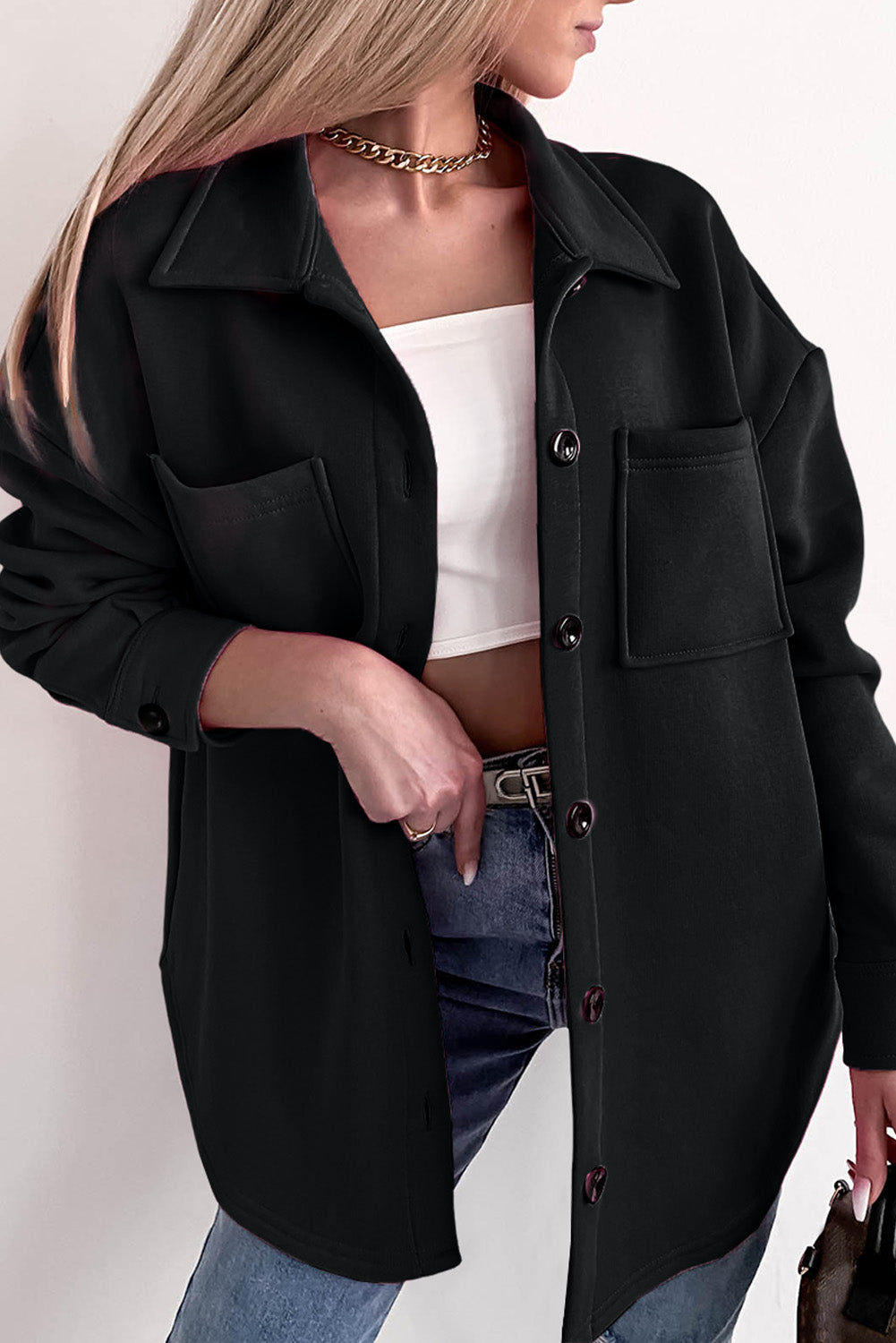 ModeGeist | Oversized Hemdbluse mit Großen Taschen Polyester Minimalistisch und Stilvoll