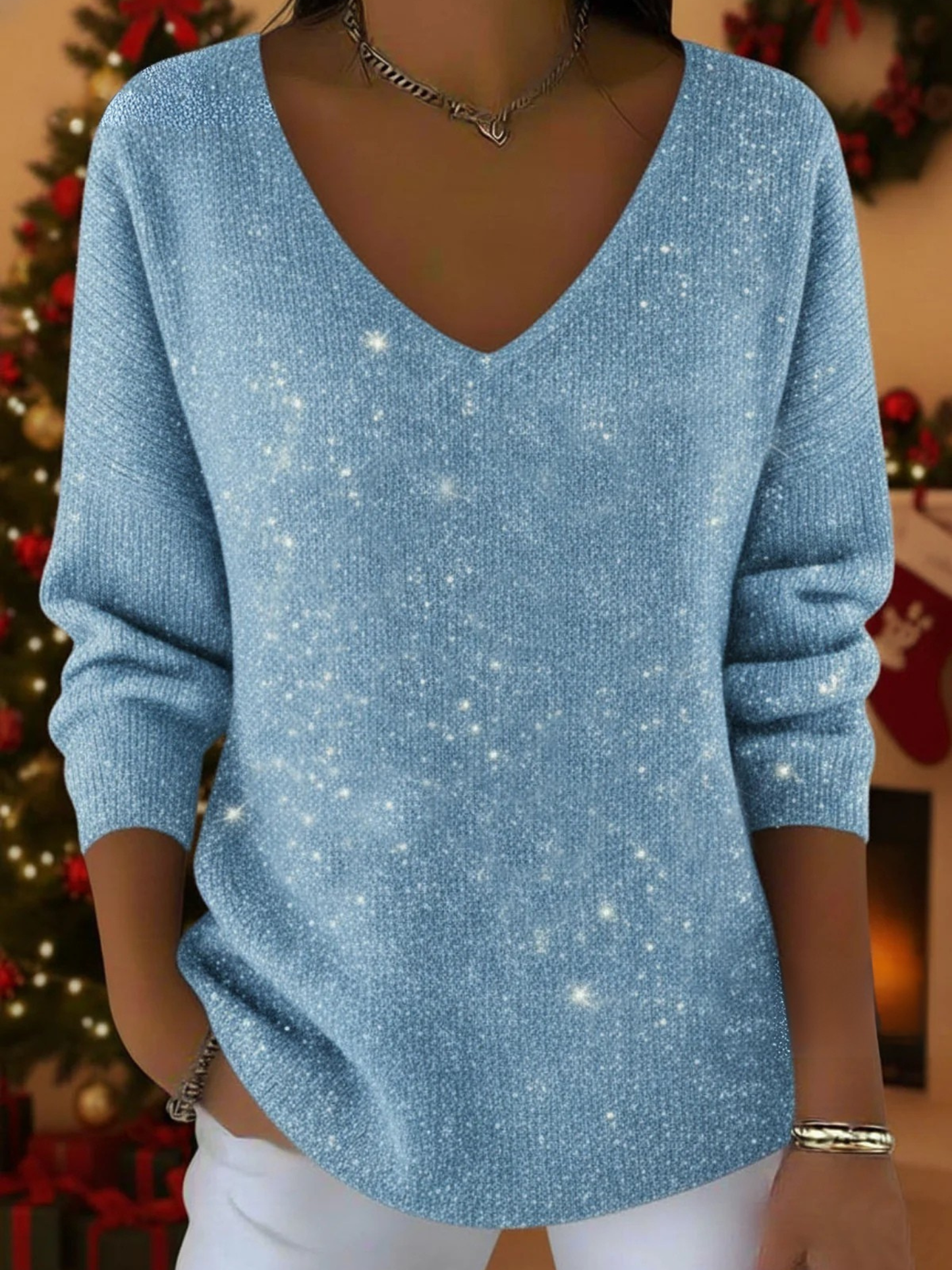 MODEGEIST Damen Pullover V-Ausschnitt Festliches Design Strick