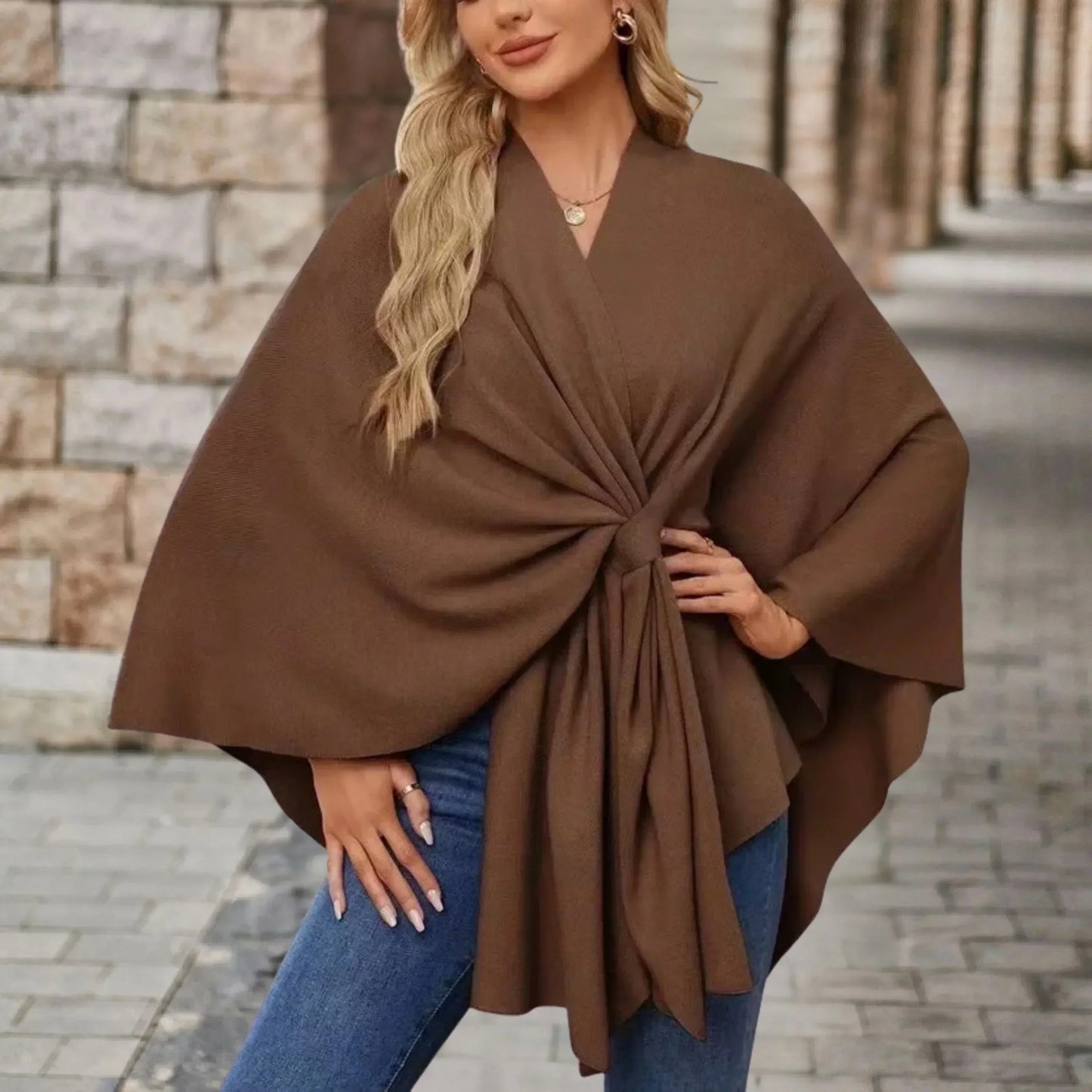 MODEGEIST Damen Poncho Leicht Draped Knoten-Design Oversized