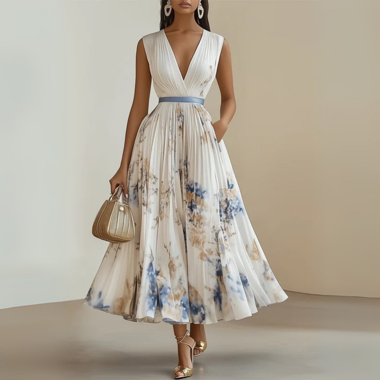 MODEGEIST Damen Maxi-Kleid Ärmellos V-Ausschnitt Leichter Stoff Fließend