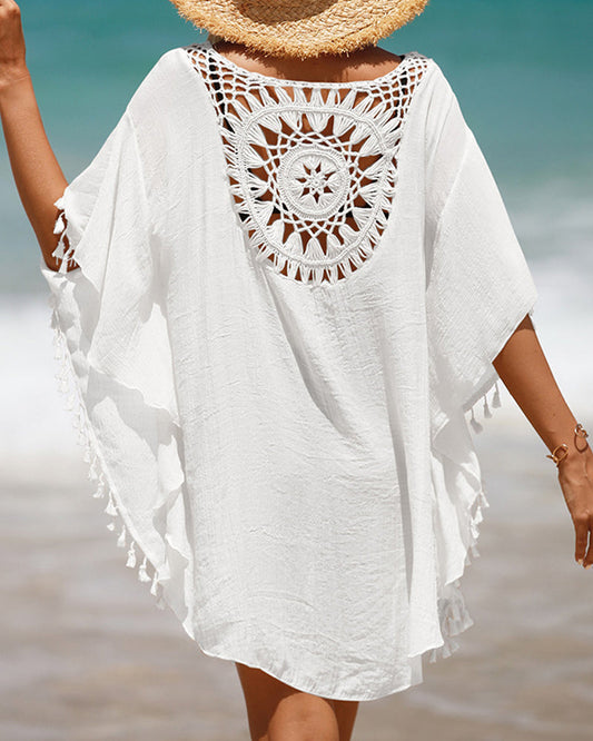 MODEGEIST Damen Strandkleid Cover-Up Häkel Weiß Quasten