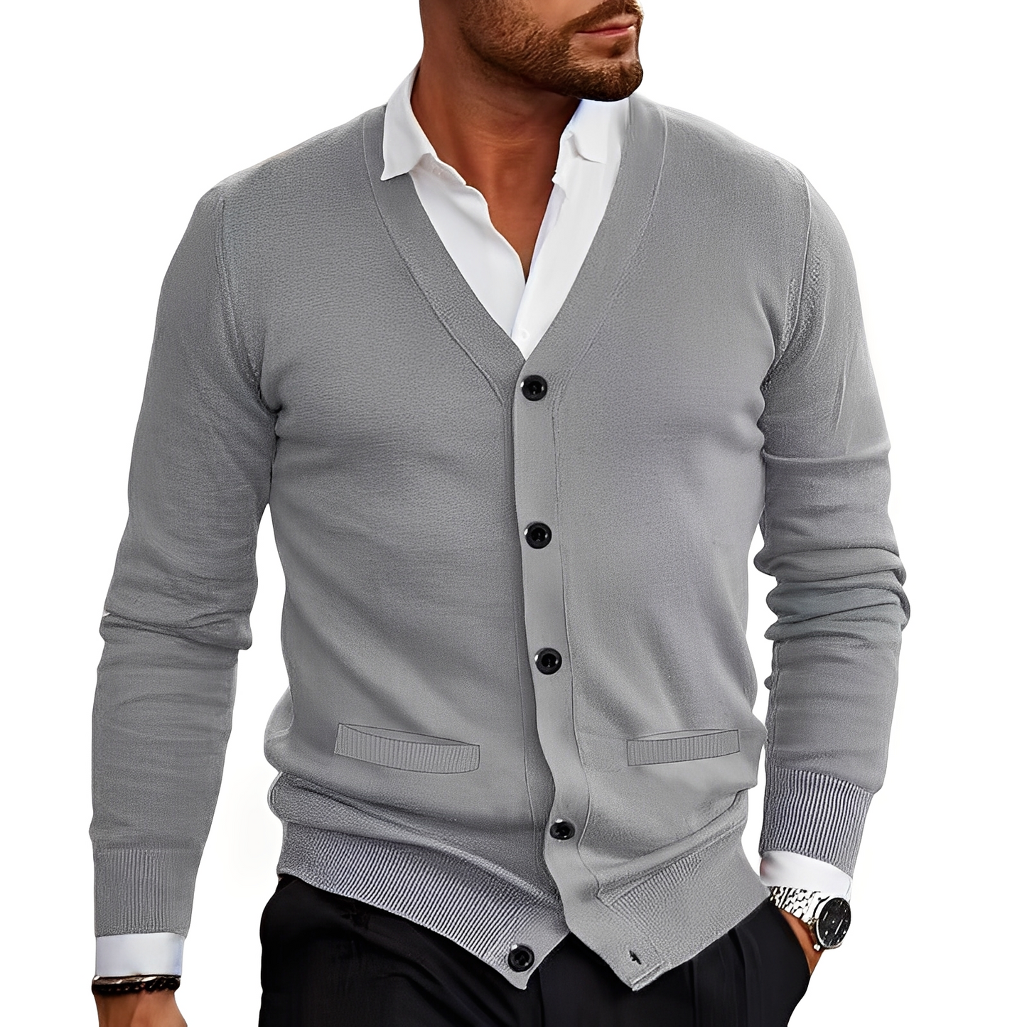 ModeGeist | Eleganter Cardigan mit Knopfblende für Herren