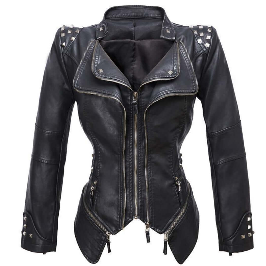 ModeGeist | Damen Enganliegende Genietete Biker Lederjacke