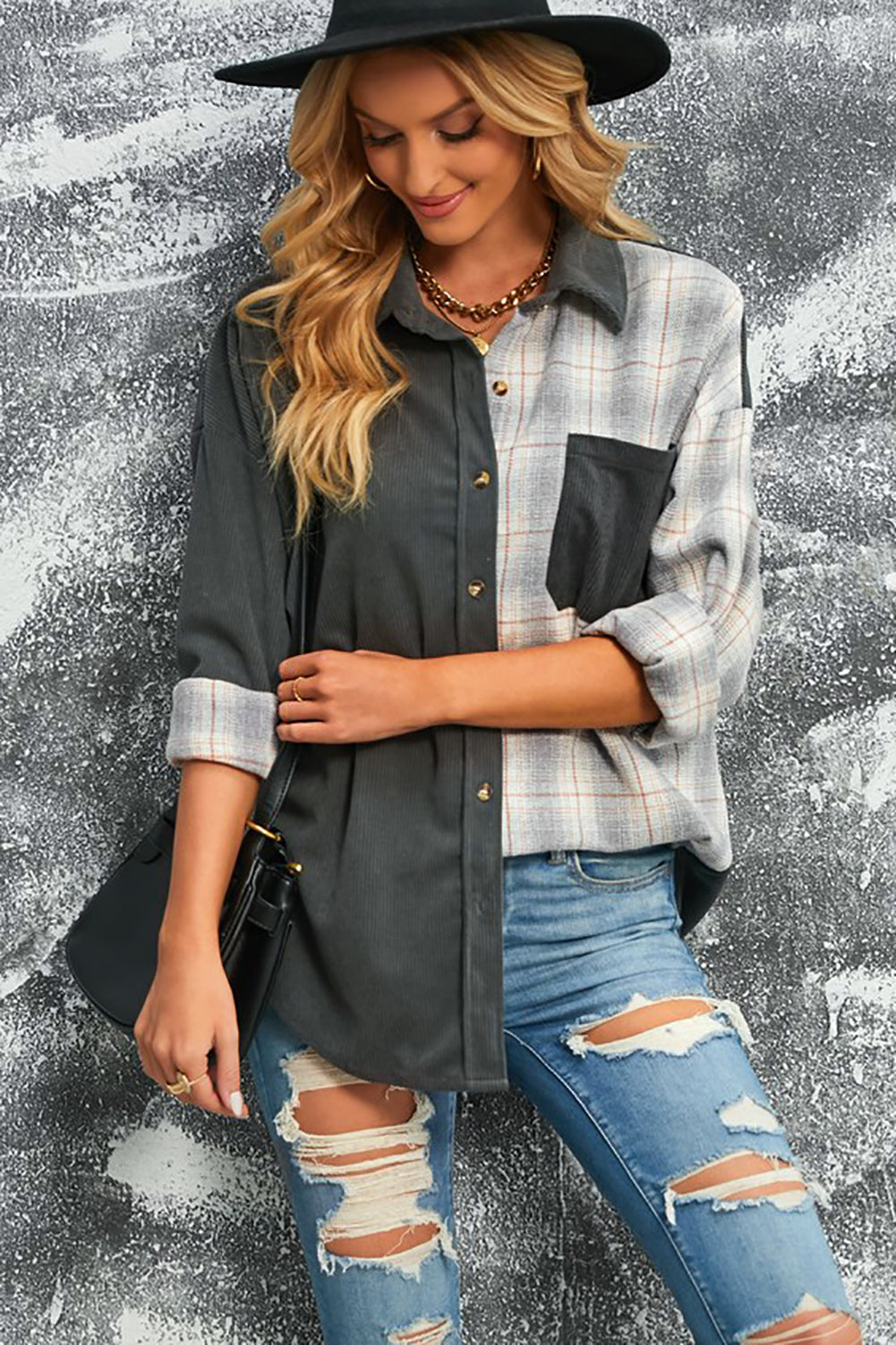 ModeGeist | Karierte Farbblock Gefallen Schulter Corduroy Shacket