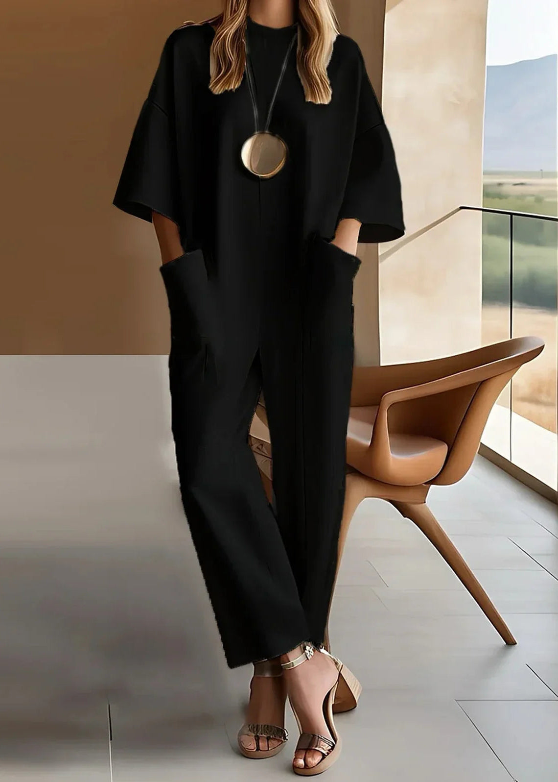 MODEGEIST Damen Wide-Leg Jumpsuit Kurzarm Rundhals Overall Entspannt