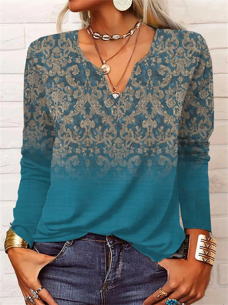 Damen Langarm T-Shirt mit Blumenmuster und V-Ausschnitt von Fudus Lockeres