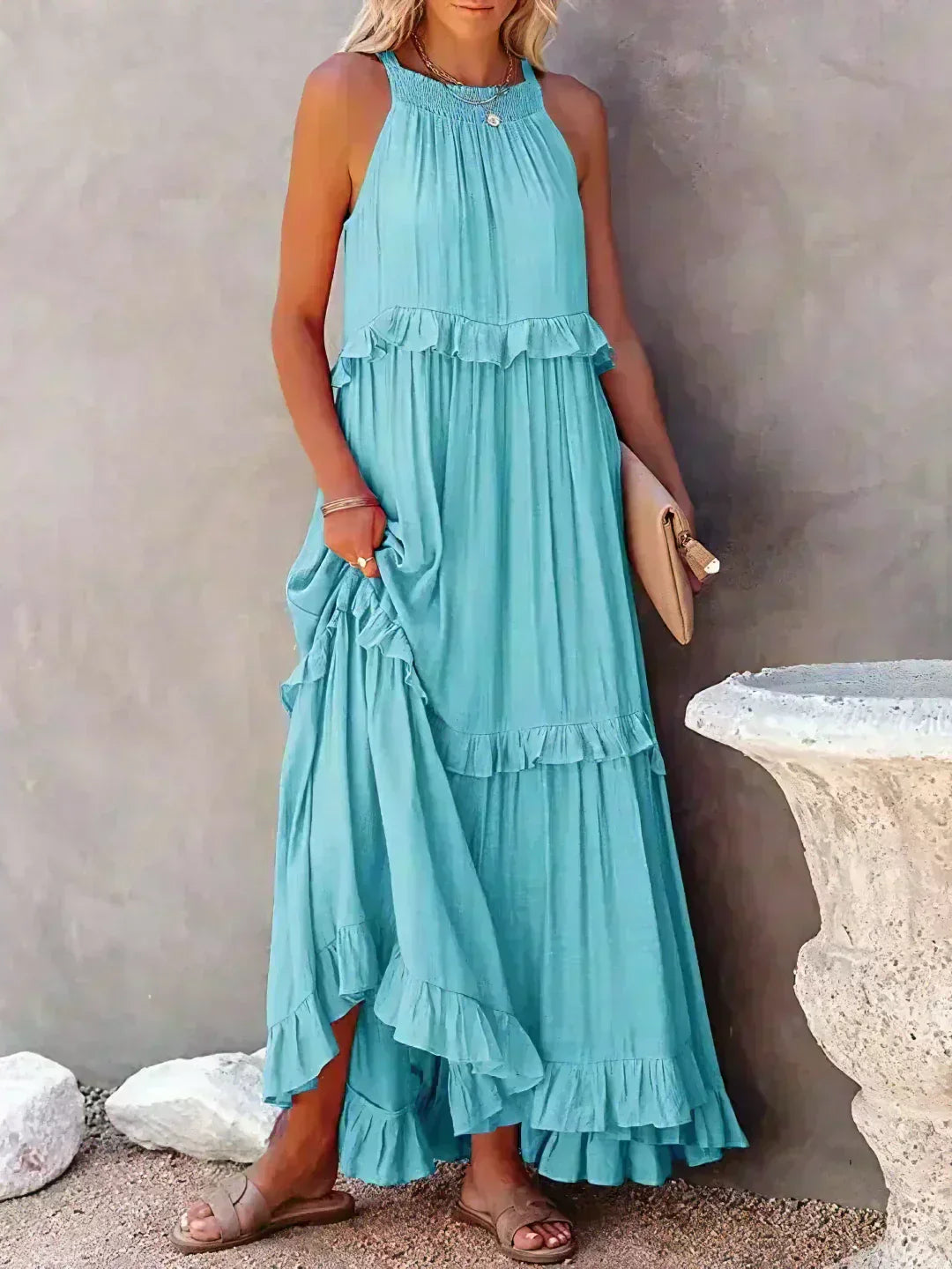MODEGEIST Damen Ärmelloses Kleid Rüschen Fließend Sommerkleid Romantisch