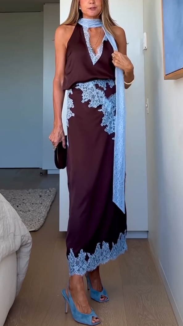 MODEGEIST Damen Spitzen-Set Top Rock Zweiteilig Elegant