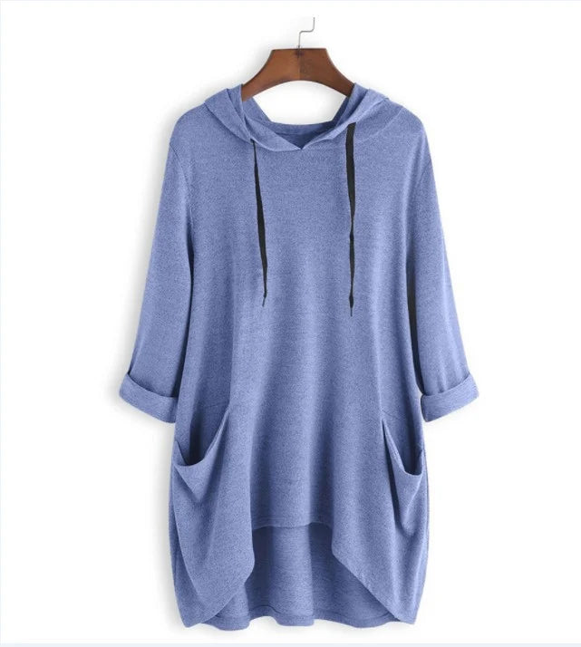 Fudus Damen Kapuzenpullover: Einfarbig, locker geschnitten, mit asymmetrischer Tasche