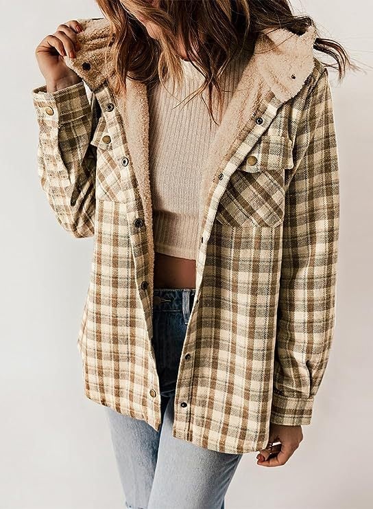 ModeGeist | Plaid Jacke Langarm Schnalle Wolle mit Kapuze