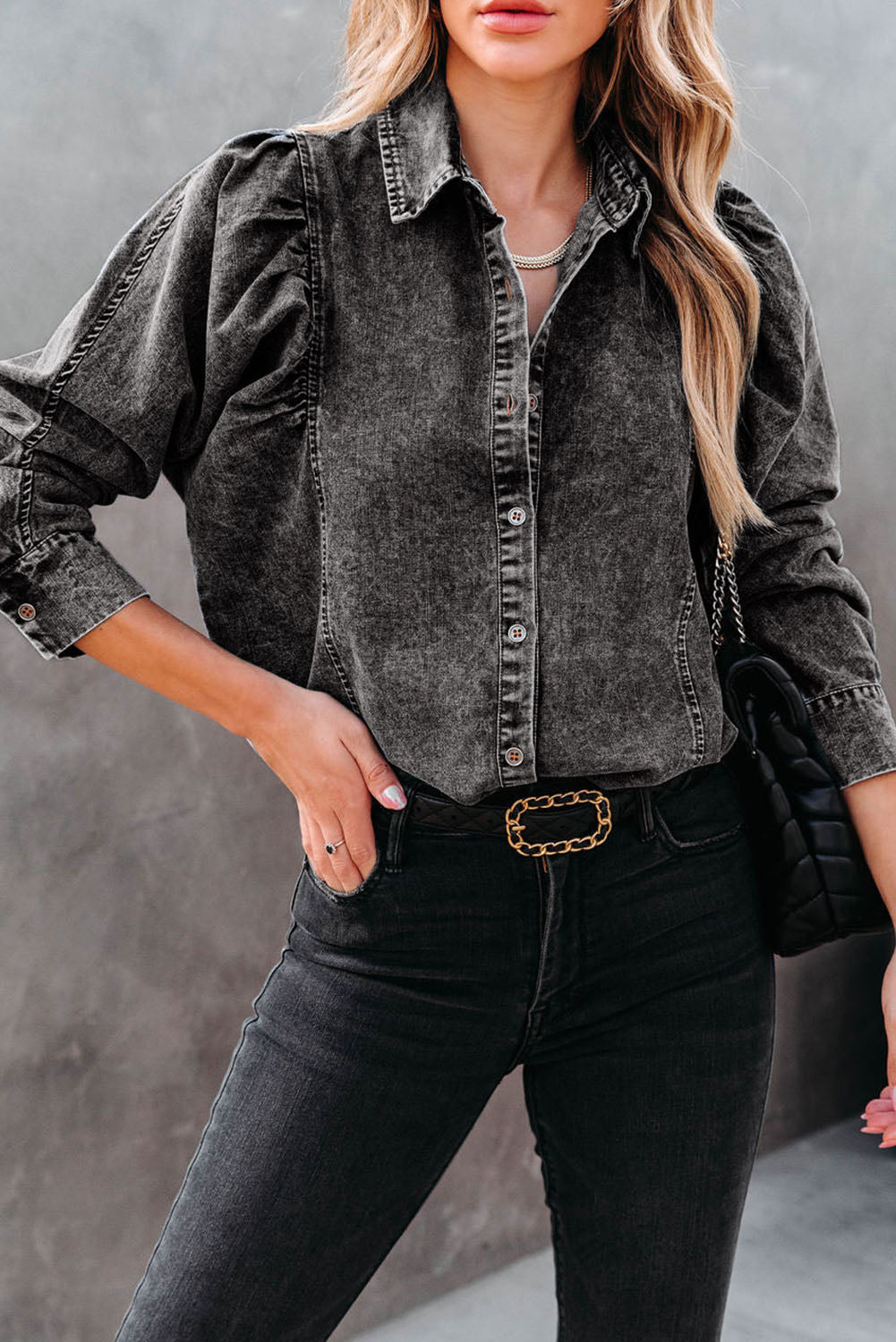 ModeGeist | Denim-bluse mit Puffärmeln Baumwolle Klassischer und Eleganter Stil