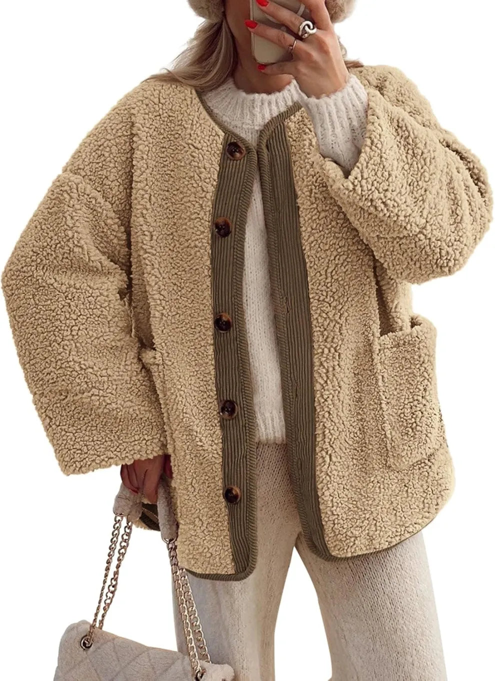 ModeGeist | Damen Warme Winterjacken - Lässige Langarm Button-up Fleecejacke aus Sherpa