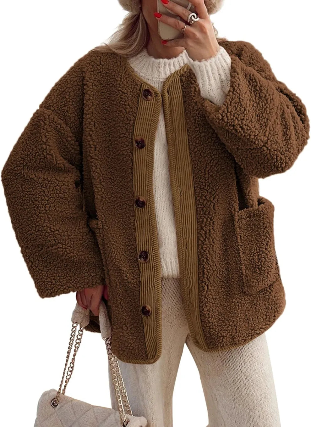 ModeGeist | Damen Warme Winterjacken - Lässige Langarm Button-up Fleecejacke aus Sherpa