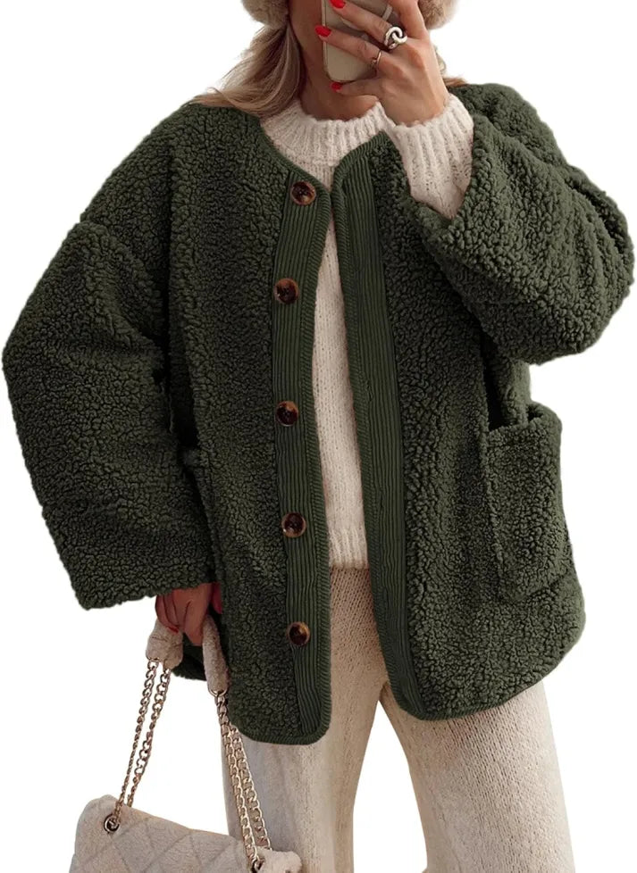 ModeGeist | Damen Warme Winterjacken - Lässige Langarm Button-up Fleecejacke aus Sherpa