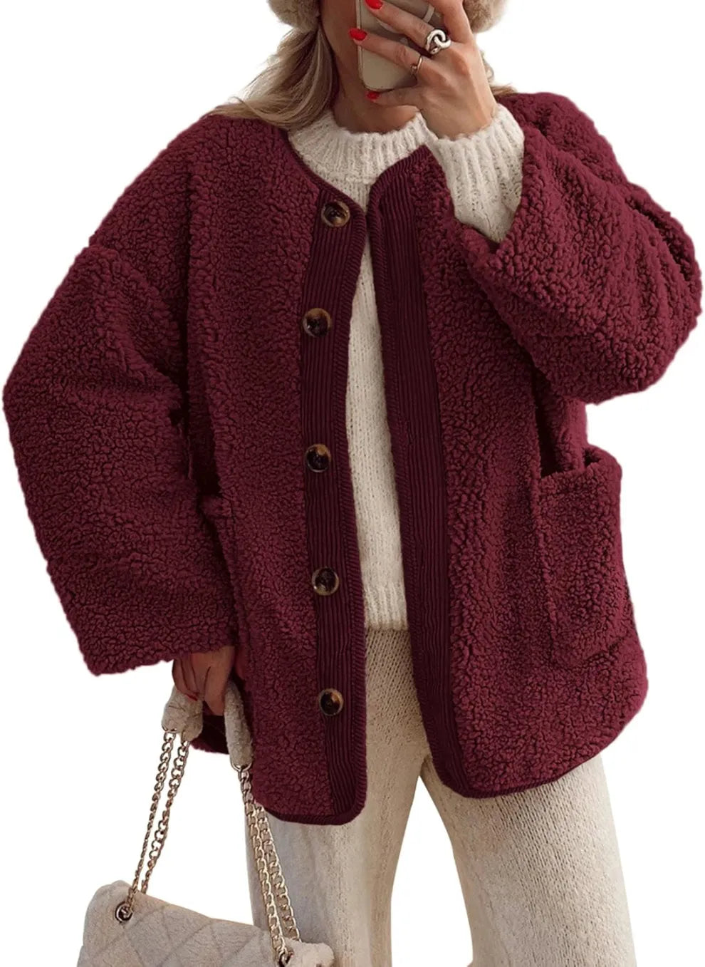 ModeGeist | Damen Warme Winterjacken - Lässige Langarm Button-up Fleecejacke aus Sherpa