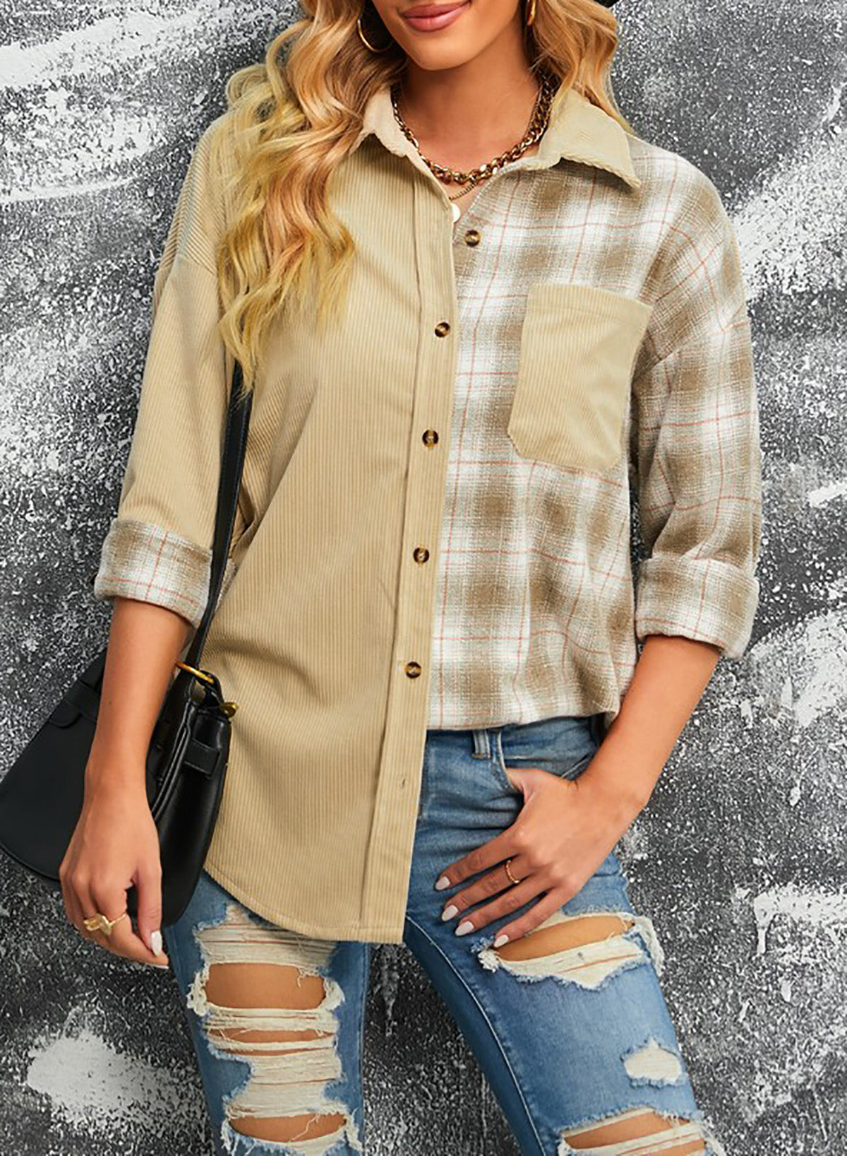 ModeGeist | Karierte Farbblock Gefallen Schulter Corduroy Shacket