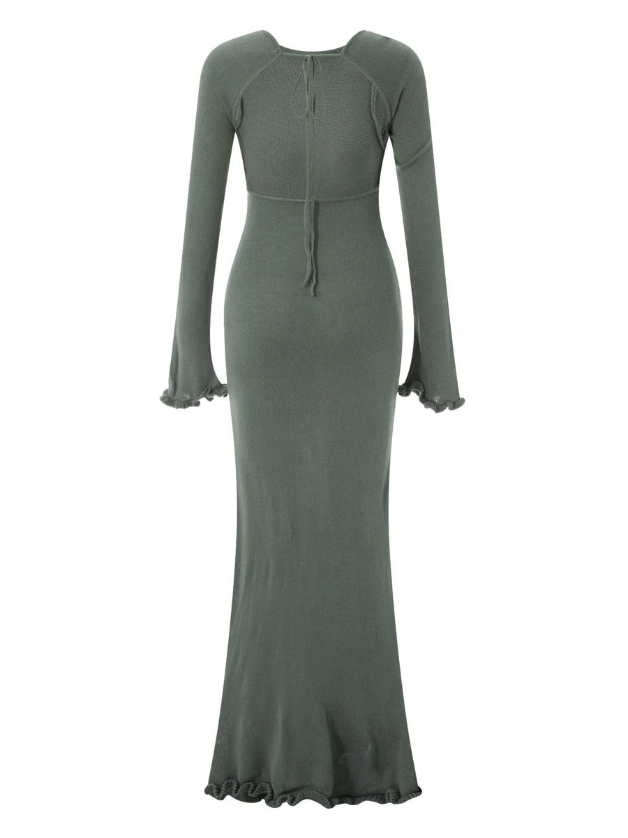 Maxikleid von Thaliora® mit figurbetonter Passform und Volantärmeln