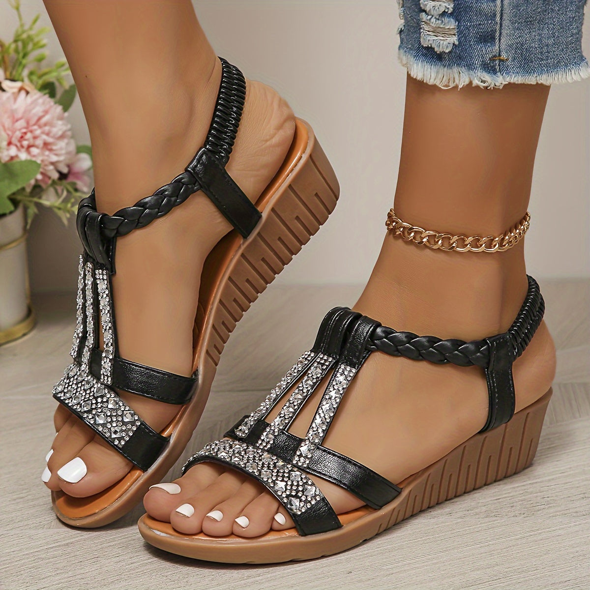 MODEGEIST Damen Sandalen Geflochten Strass Riemen Gold