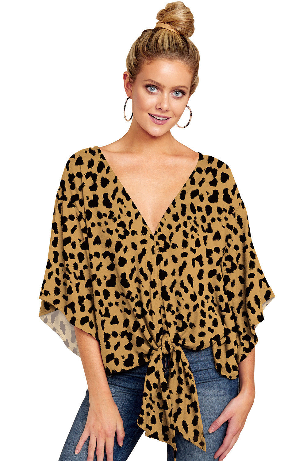 Damenbluse mit Leopardenmuster und Fledermausärmeln von Fudus