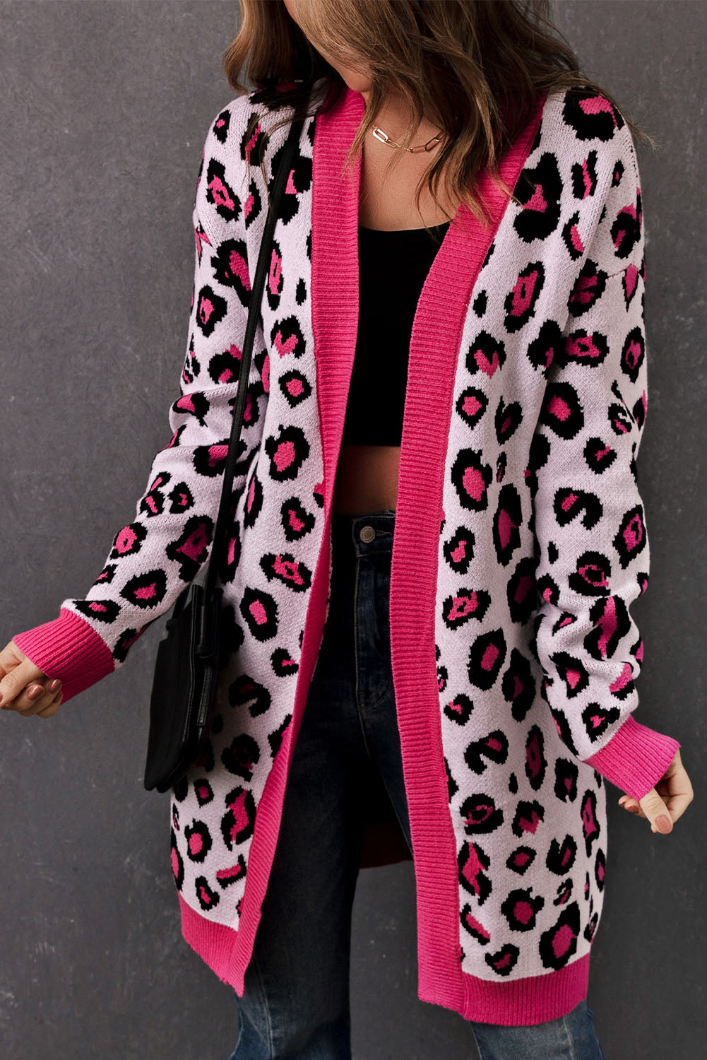 ModeGeist | Leopard-Kontrastbesatz Offene Vorderseite Langarmlange Strickjacke