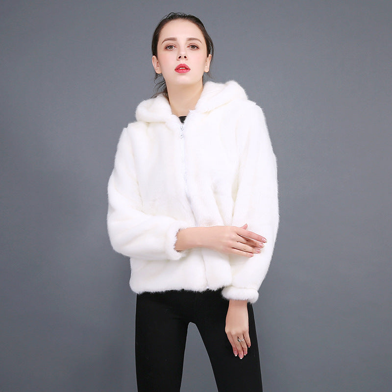 Damen Flauschige Kunstpelzjacke mit Kapuze ModeGeist