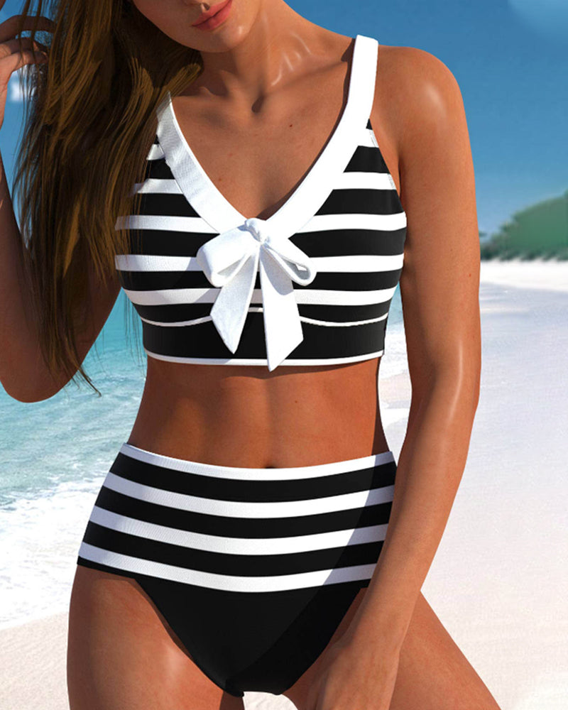 MODEGEIST Damen High-Waist Bikini-Set Gestreift Verstellbar