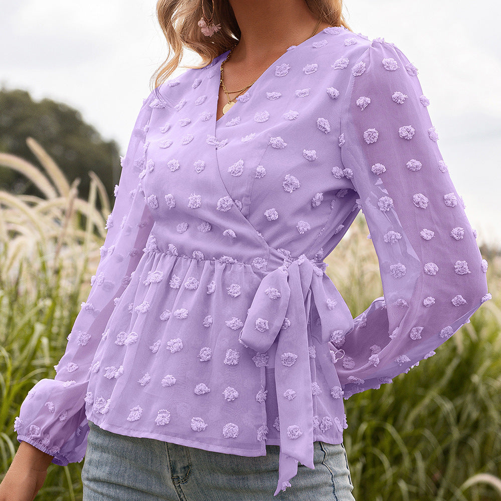 Fudus Jacquard Blouse with V-Neck and Long Sleeves