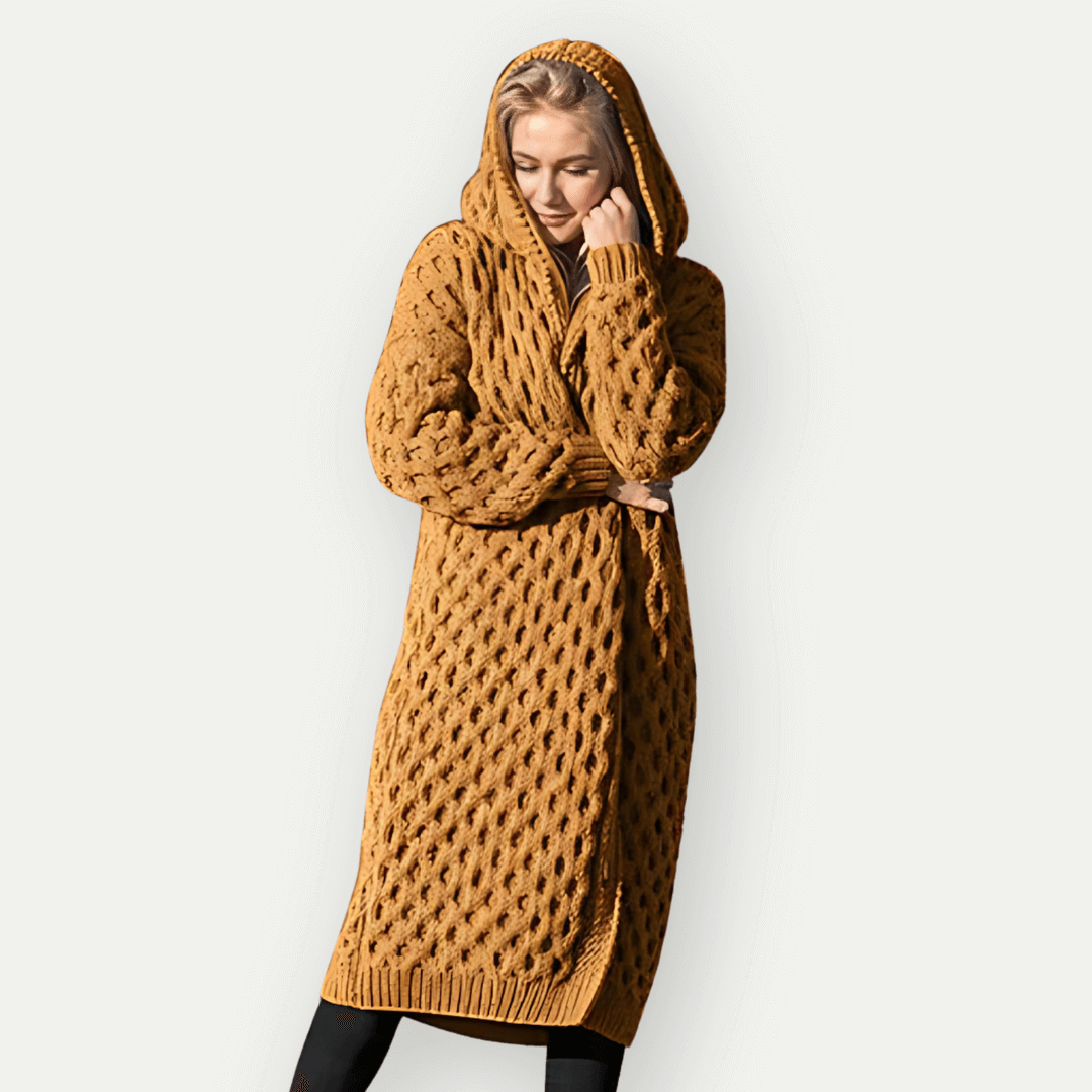 ModeGeist | Strickjacke - Lockere Passform - Langes Modell - Kapuze - Zopfmuster - Offene Vorderseite