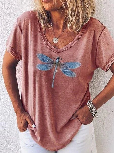 MODEGEIST Damen V-Ausschnitt T-Shirt Libellen-Print Rosa