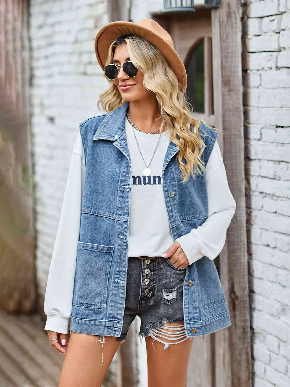 ModeGeist | Knopf-Front Ärmellose Jeansjacke