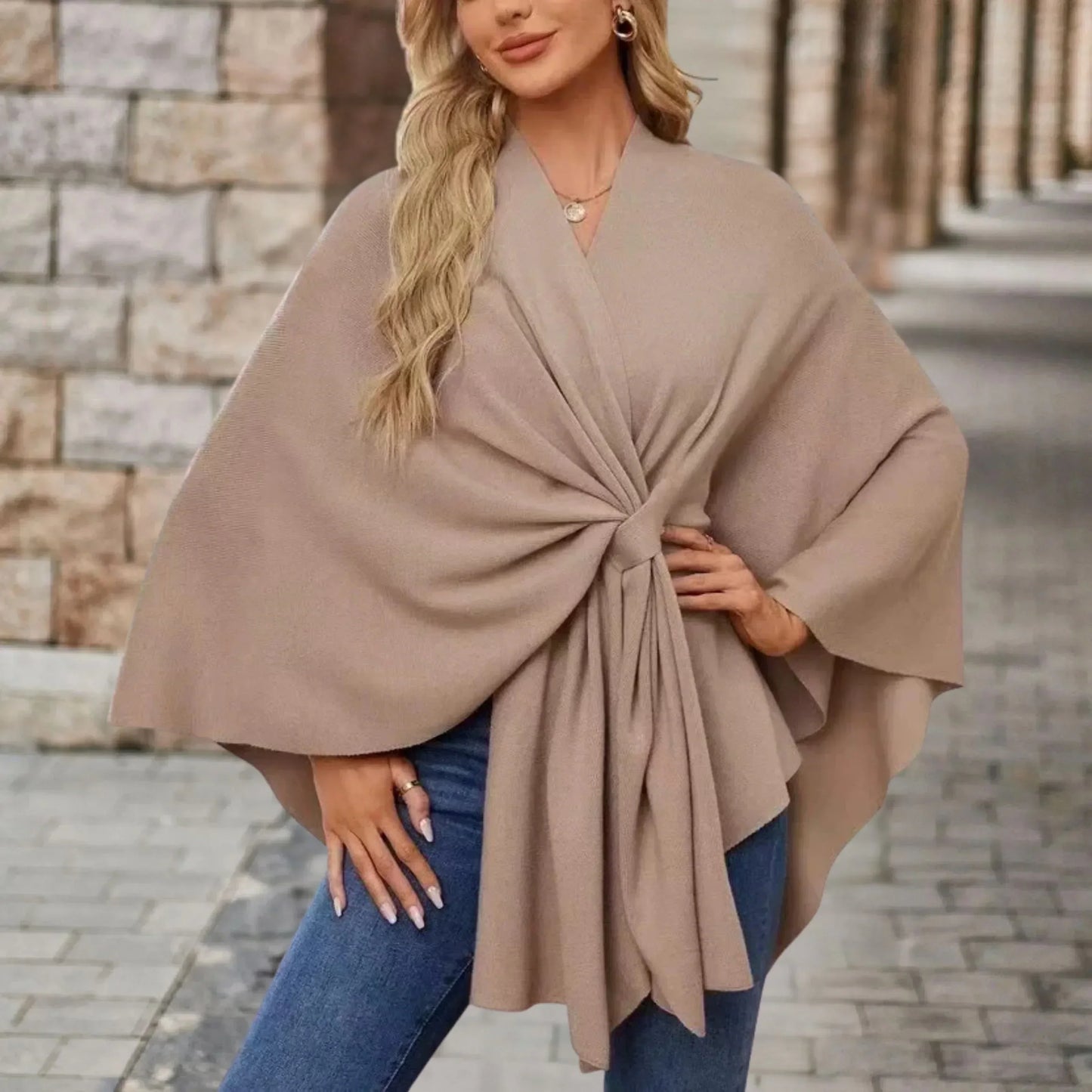 MODEGEIST Damen Poncho Leicht Draped Knoten-Design Oversized