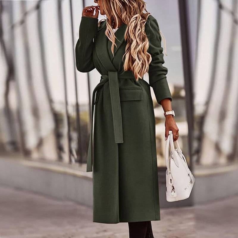 ModeGeist | Trenchcoat - Langer Eleganter Schnitt - Taillengürtel - Klassische Breite Revers