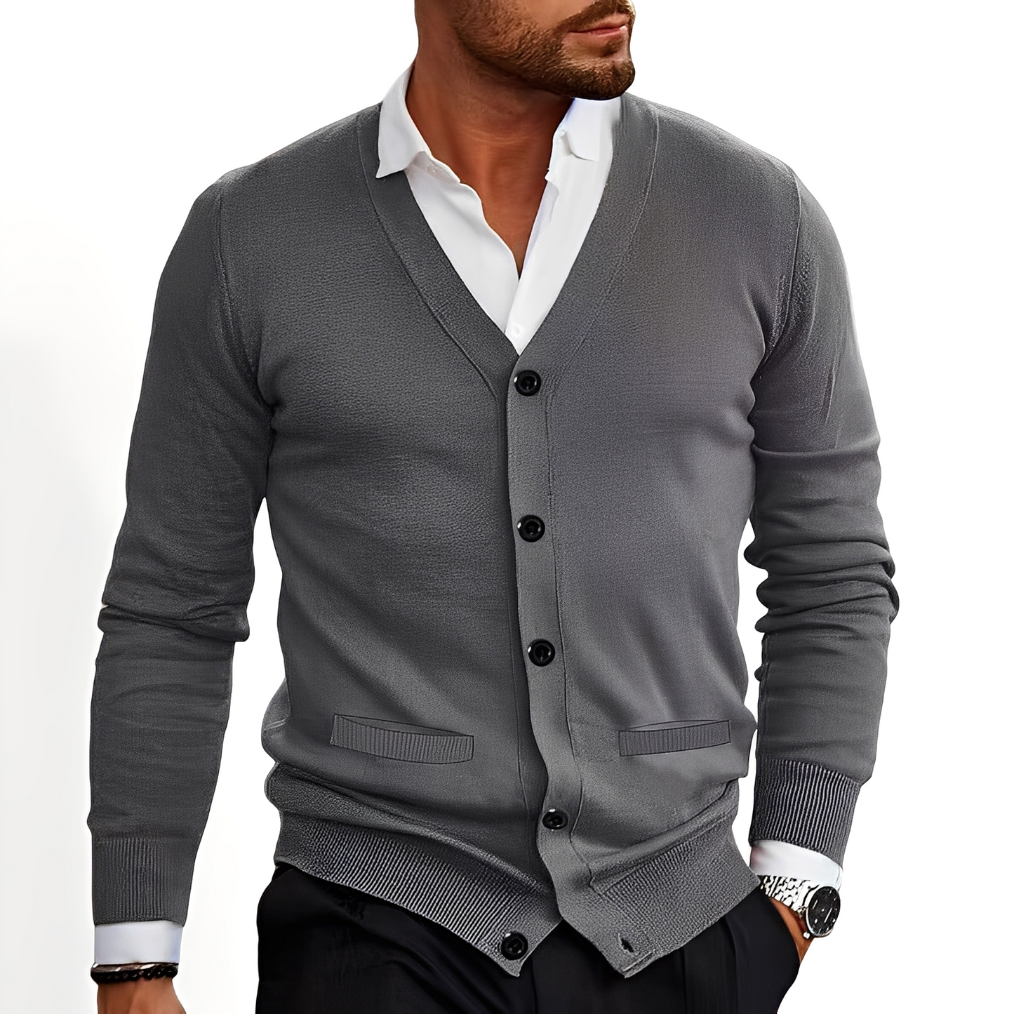 ModeGeist | Eleganter Cardigan mit Knopfblende für Herren