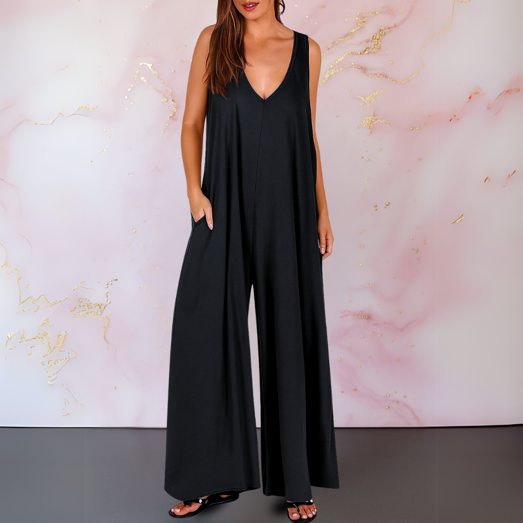 MODEGEIST Damen Overall ärmellos V-Ausschnitt weite Beine schwarz