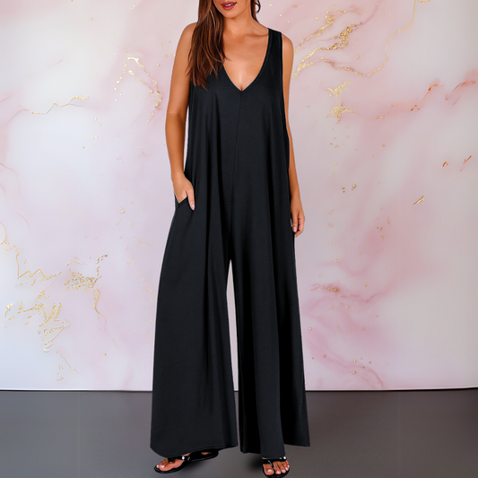 MODEGEIST Damen Overall ärmellos V-Ausschnitt weite Beine schwarz