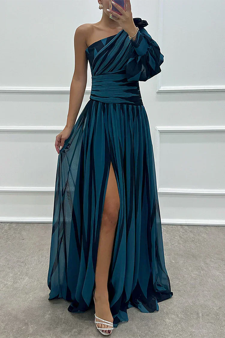 MODEGEIST Damen Maxi-Kleid One-Shoulder Streifen Plissee Abend