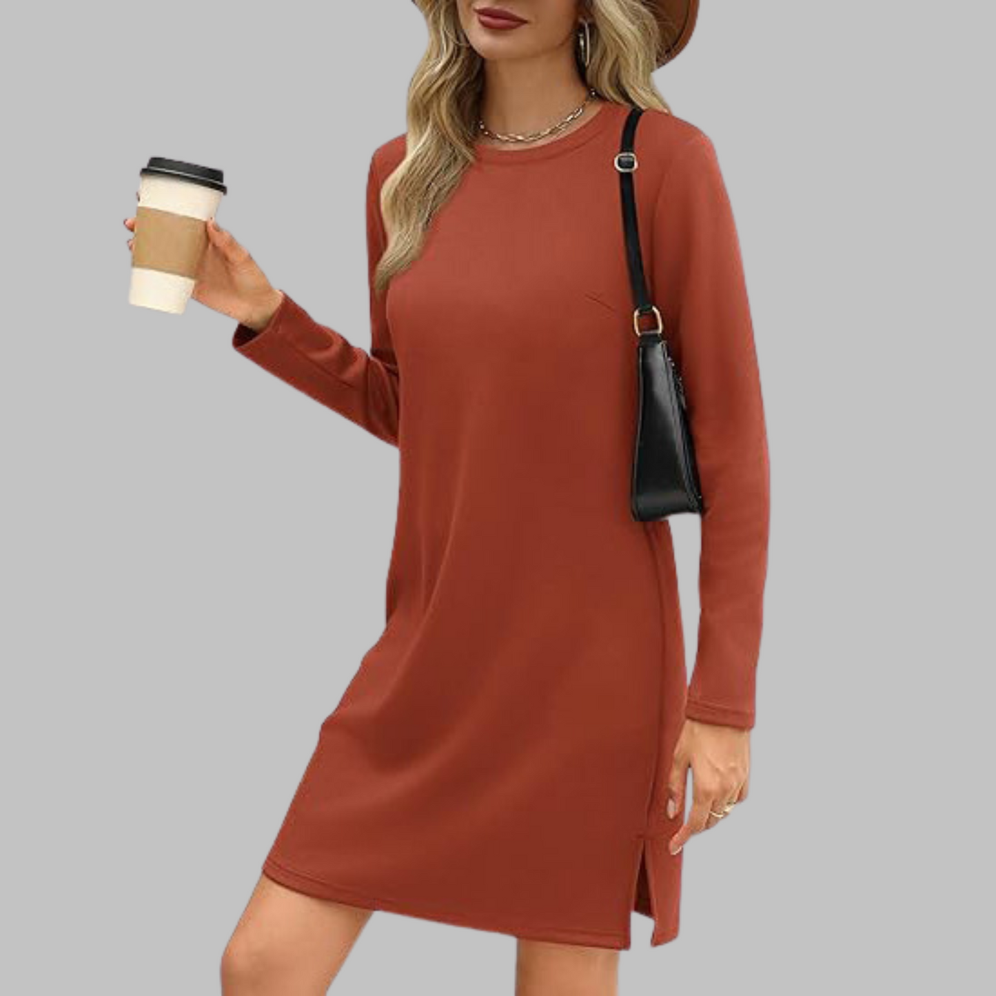 MODEGEIST Damen Langarmkleid Rundhals Relaxed Fit Alltagskleid