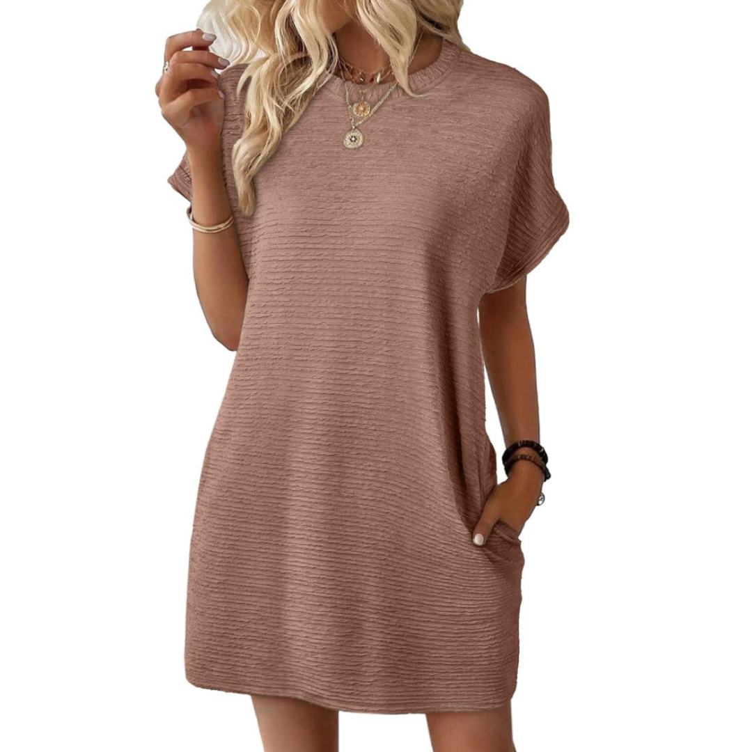MODEGEIST Damen Mini-Kleid Rundhals Kurze Ärmel Pink