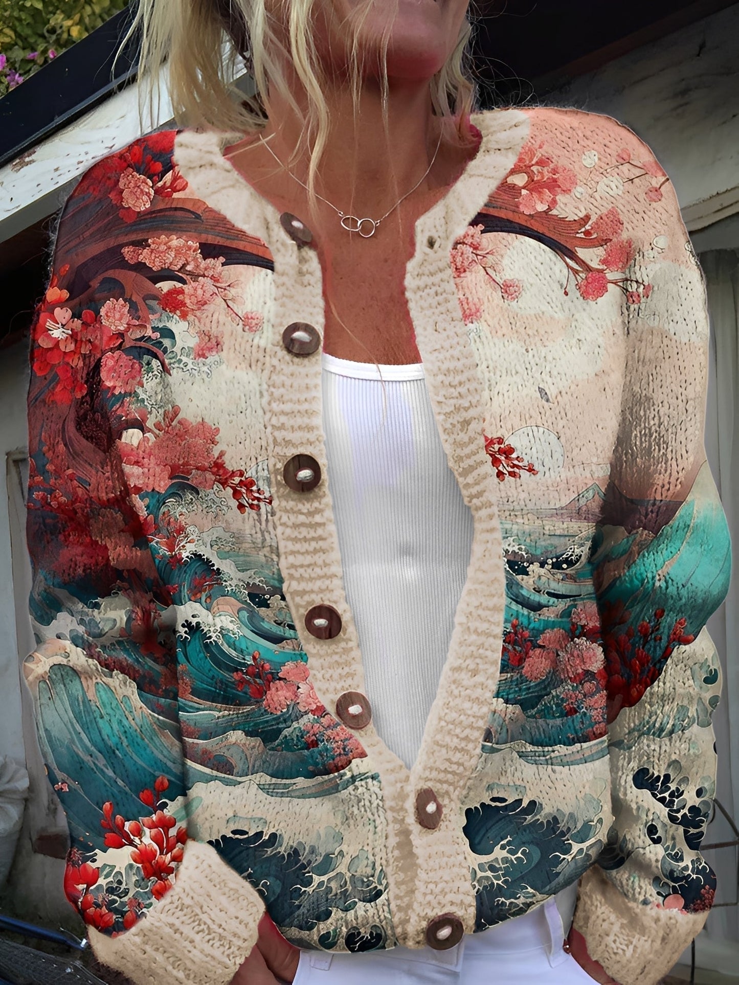 ModeGeist | Stilvolle Strickjacke mit Blumenmuster für Frauen