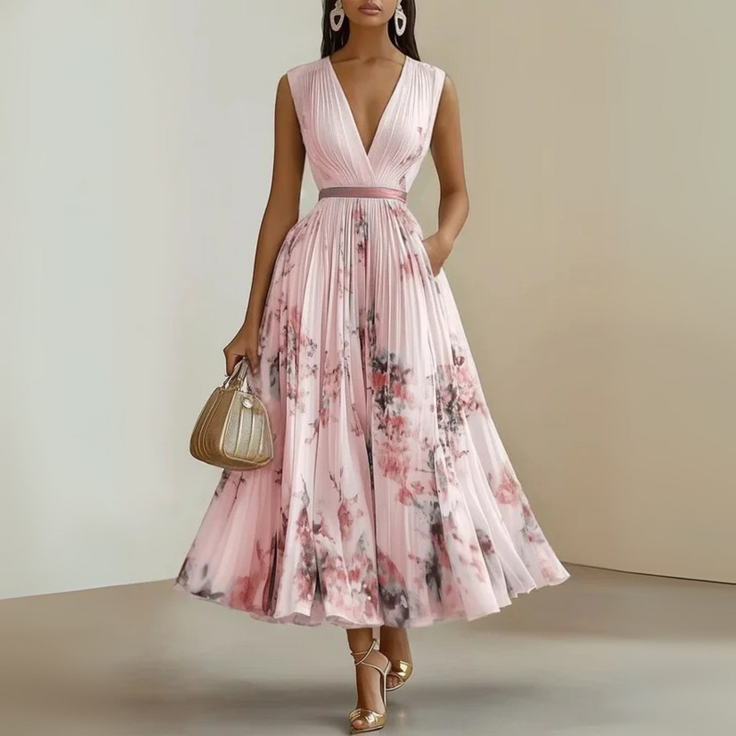 MODEGEIST Damen Maxi-Kleid Ärmellos V-Ausschnitt Leichter Stoff Fließend