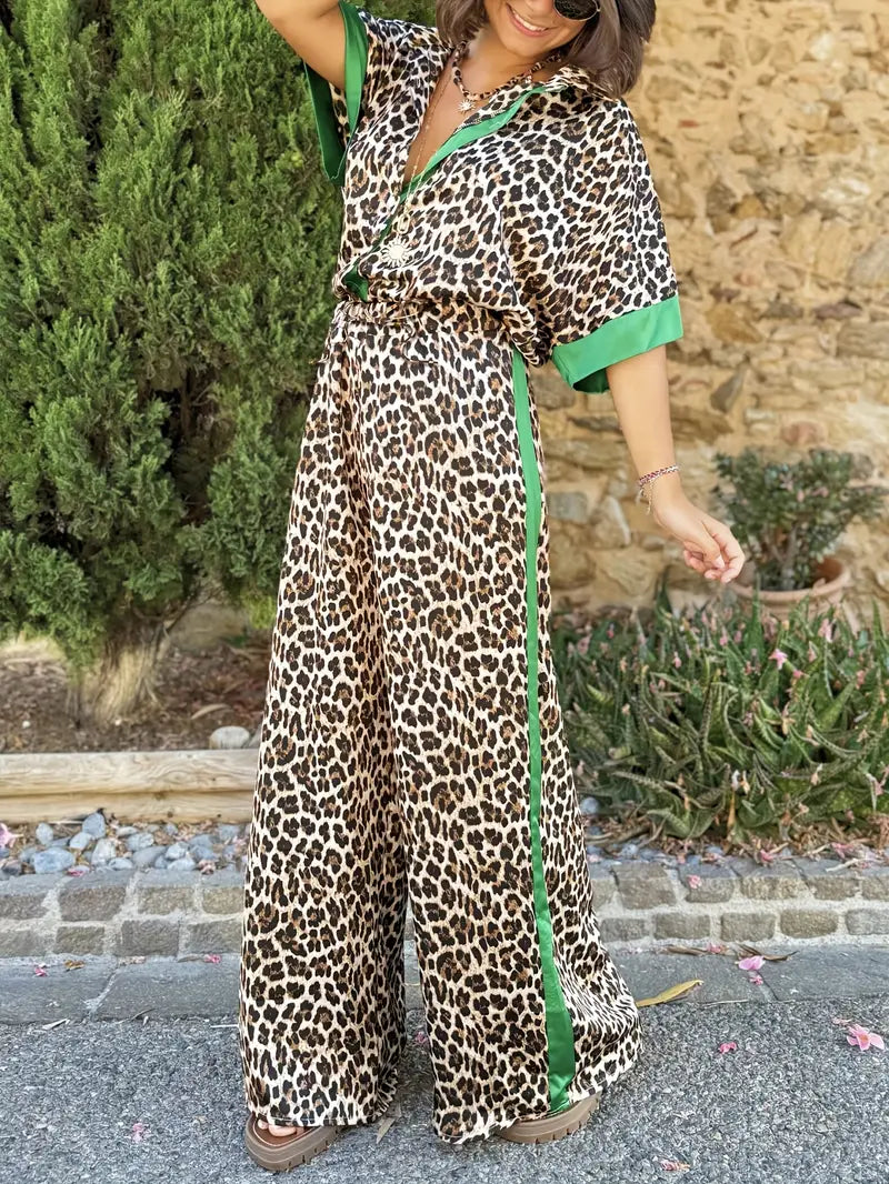 MODEGEIST Damen Wide-Leg Hose Leoprint Fließend Zweiteiler