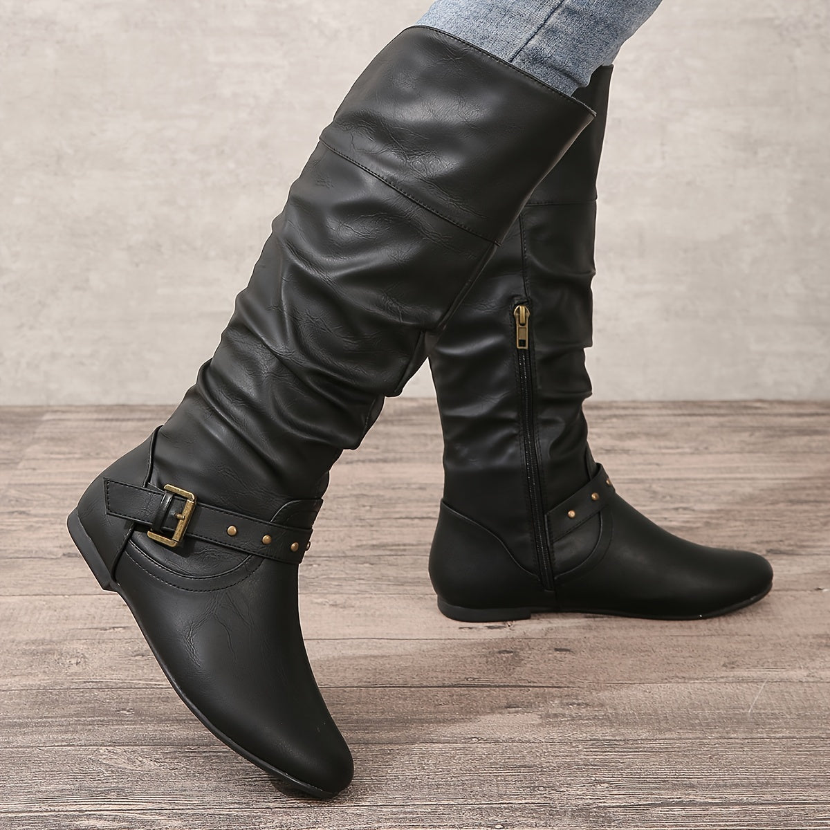 MODEGEIST Damen Kniehöhe Stiefel Seitenverschluss Schwarz Elegant