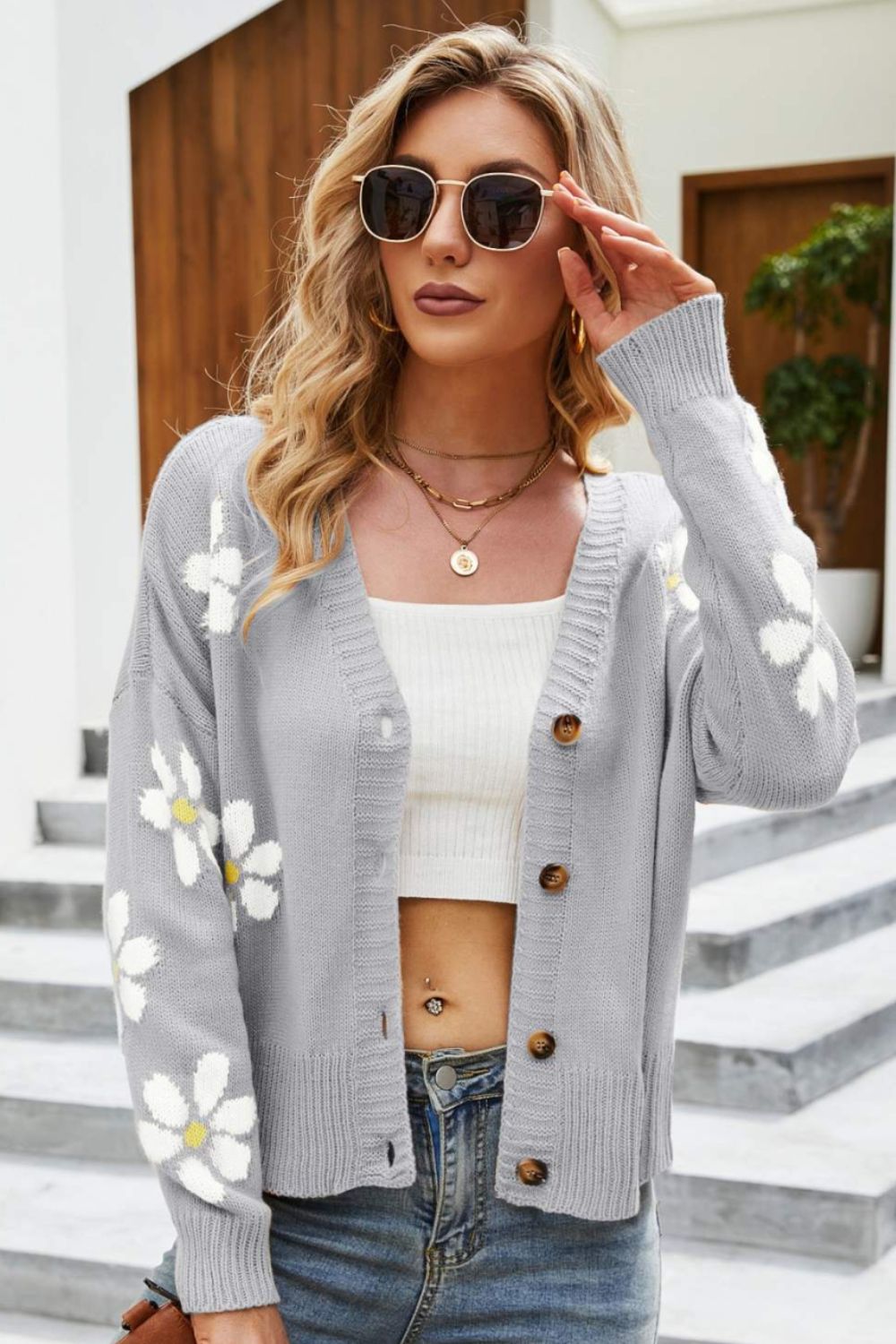 ModeGeist | Floral Ribbed Trim Drop Shoulder Cardigan