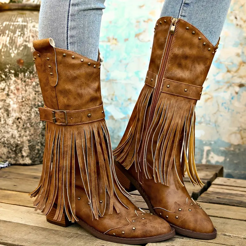 Lael Damen-Stiefeletten mit Fransen und Blockabsatz